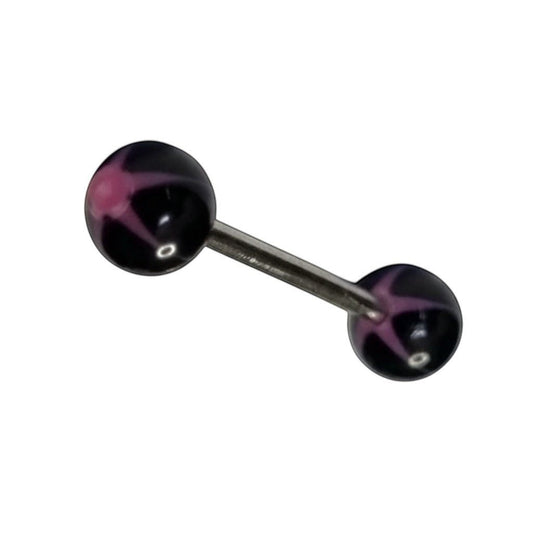 Aramat Jewels black and pink acrylic star tongue piercing. Features a star design on black balls.