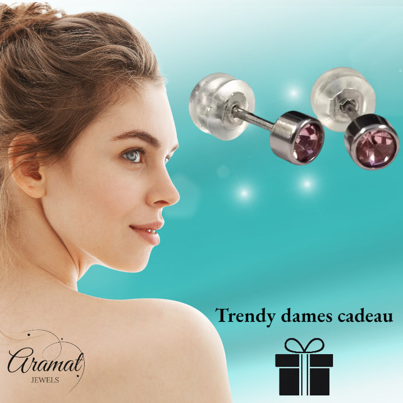 Stud Earrings – Stainless Steel 4mm with Pink Zirconia