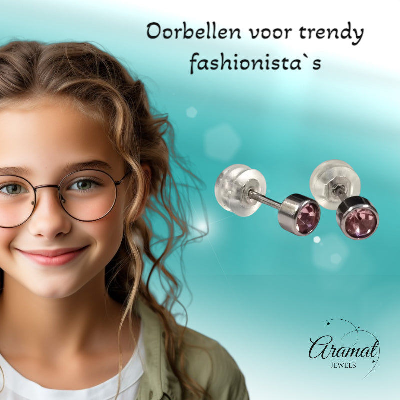 Stud Earrings – Stainless Steel 4mm with Pink Zirconia