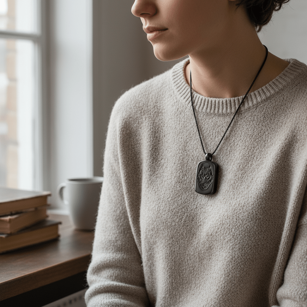 RVS Ashanger Rechthoek met Wolf - Zwart - Aramat Jewels - Gedenkhangers - cadeautip