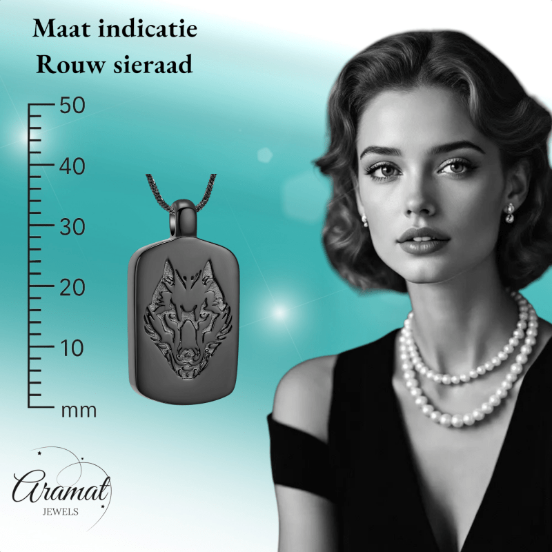 RVS Ashanger Rechthoek met Wolf - Zwart - hang1472 - IJD23037 - Gedenkhangers kopen# - 35mm - alles - ashangers