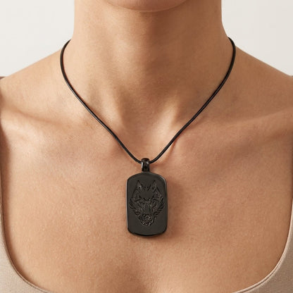 RVS Ashanger Rechthoek met Wolf - Zwart - Aramat Jewels - Gedenkhangers - cadeautip