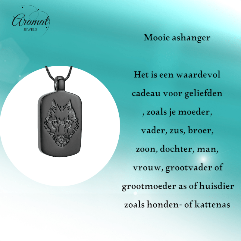 RVS Ashanger Rechthoek met Wolf - Zwart - hang1472 - IJD23037 - Gedenkhangers kopen# - 35mm - alles - ashangers