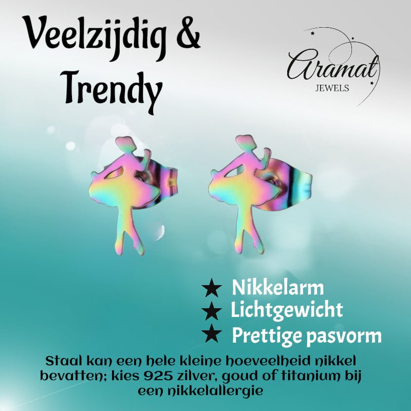RVS Ballerina Oorbellen 12x7mm Multikleur - Danseres Ballet Studs - Aramat Jewels - Oorbellen - cadeautip