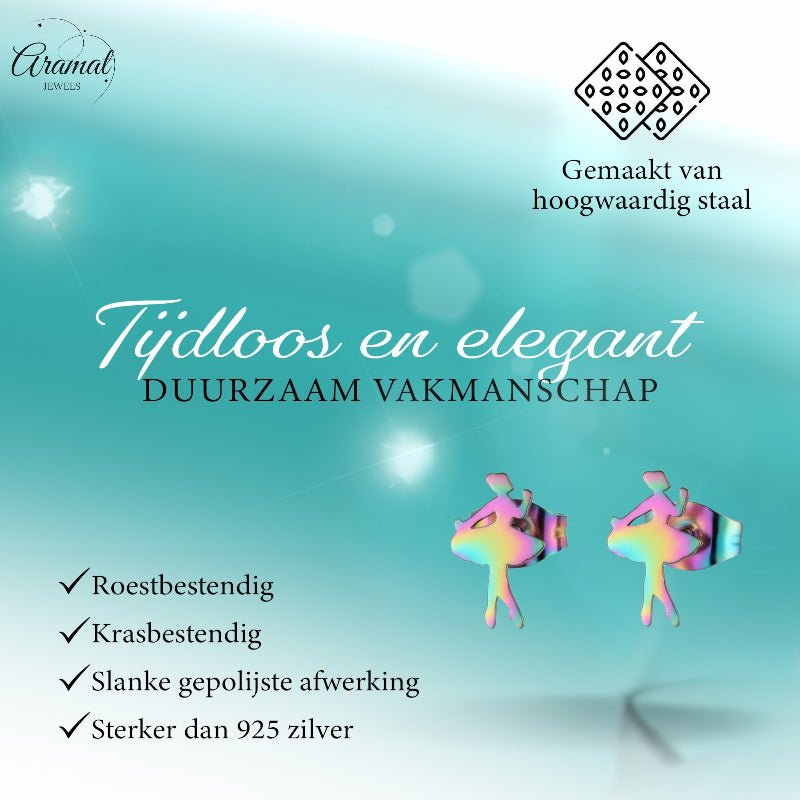 RVS Ballerina Oorbellen 12x7mm Multikleur - Danseres Ballet Studs - Aramat Jewels - Oorbellen - cadeautip