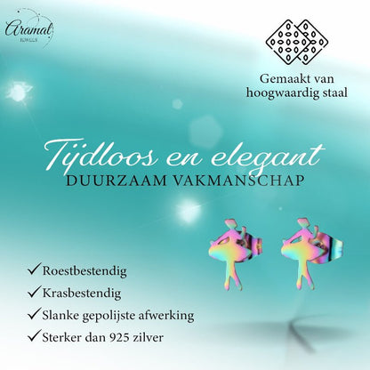 RVS Ballerina Oorbellen 12x7mm Multikleur - Danseres Ballet Studs - Aramat Jewels - Oorbellen - cadeautip