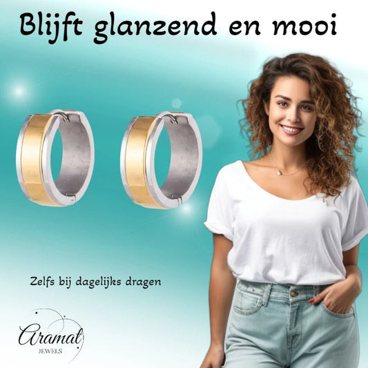 RVS Bicolor Huggie Creolen Brede Streep 20mm - Goud Zilver Unisex - Aramat Jewels - Oorringen - cadeautip