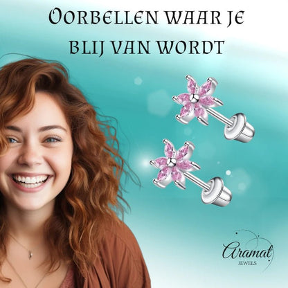 RVS Bloem Oorbellen - Roze Zirkonia 8mm - schroefsluiting - oor6278 - 72447 - Oorbellen kopen# - 8mm - alles - bloem
