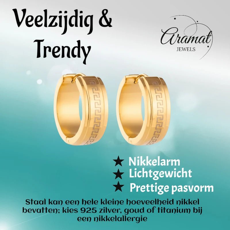 RVS Creolen Goudkleur Grieks Motief/Versace (13 & 20mm) - Aramat Jewels - Oorringen - cadeautip