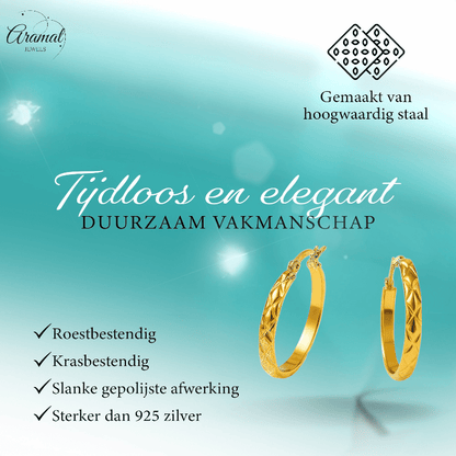 RVS Creolen Ruitjes Goudkleur 30mm - Grote Hoepel Oorbellen - Aramat Jewels - Oorringen - cadeautip