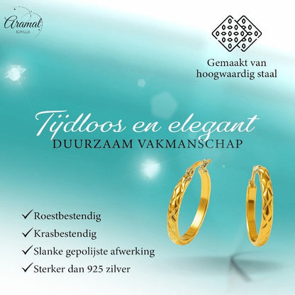 RVS Creolen Ruitjes Goudkleur 30mm - Grote Hoepel Oorbellen - Aramat Jewels - Oorringen - cadeautip