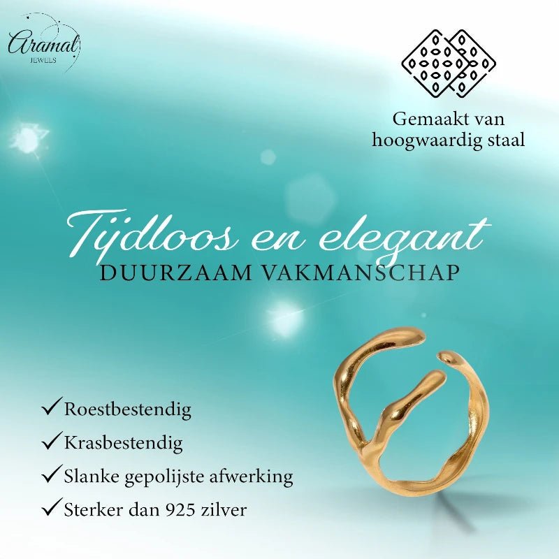 RVS Damesring Verstelbaar – Grillige Brede Open Ring – 16 mm - ring346 - 73897 - Ringen kopen# - Goudkleur - alles - boho