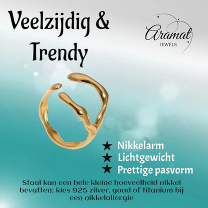RVS Damesring Verstelbaar – Grillige Brede Open Ring – 16 mm - ring346 - 73897 - Ringen kopen# - Goudkleur - alles - boho