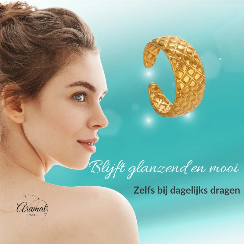 RVS Damesring Verstelbaar – Ruitjes Patroon - one size - ring347 - 76746 - Ringen kopen# - Goudkleur - alles - boho