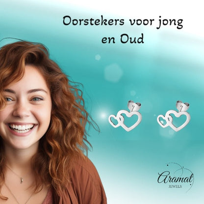 RVS Dubbele Hartjes Oorstekers Zilver 12x8mm - Aramat Jewels - Oorbellen - cadeautip