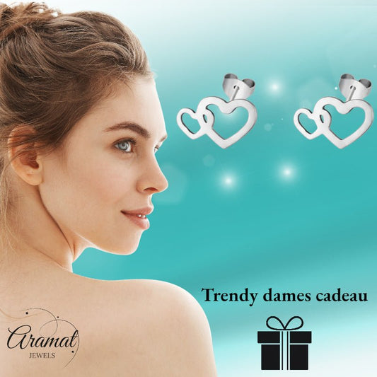 Zilverkleurige dubbele hartjes oorbellen 12x8mm RVS met 2 hartjes, lichtgewicht oorstekers cadeau voor vrouwen en meisjes