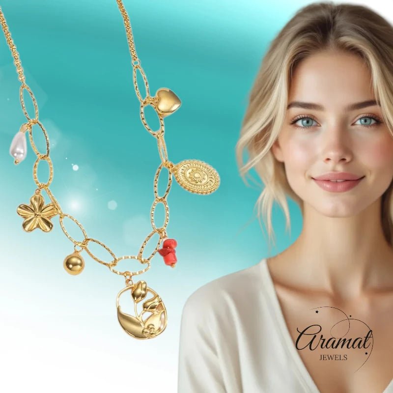 RVS Goudkleurige bedelketting – parel & natuursteen - ket1159 - 769524 - Halskettingen kopen# - 45cm - alles - Bedelketting