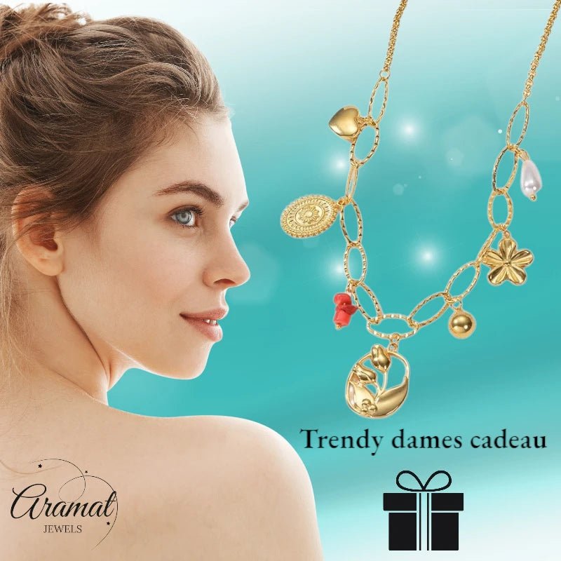 RVS Goudkleurige bedelketting – parel & natuursteen - ket1159 - 769524 - Halskettingen kopen# - 45cm - alles - Bedelketting