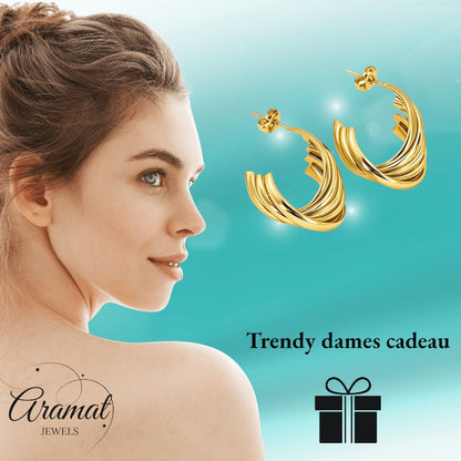 RVS Goudkleurige Halve Oorringen 22x15mm - 5 Lijnen Twist - Aramat Jewels - RVS Sieraden - Oorbellen - cadeautip