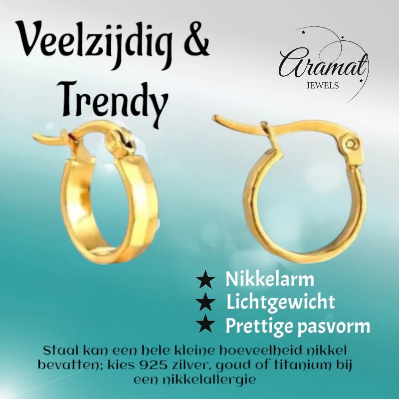 RVS Goudkleurige Oorringetjes 10mm - Blokjesmotief - oor2001 - Oorringen kopen