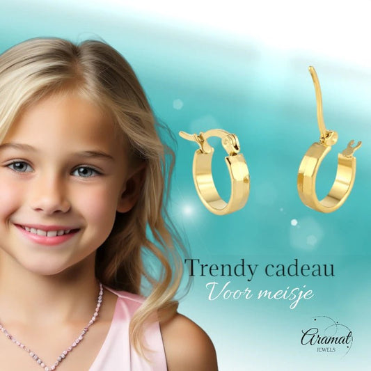 RVS Goudkleurige Oorringetjes 10mm - Blokjesmotief - oor2001 - Oorringen kopen