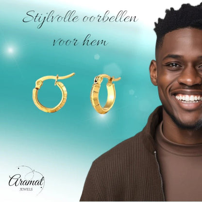 RVS Goudkleurige Oorringetjes 10mm - streepmotief - oor4780 - fg - Oorringen kopen