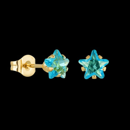 Stainless Steel Gold-Colored Star Earrings With Blue Zirconia