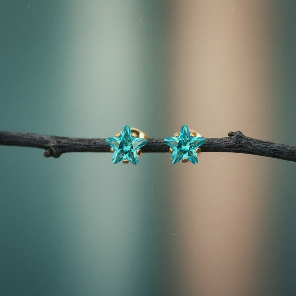 Stainless Steel Gold-Colored Star Earrings With Blue Zirconia