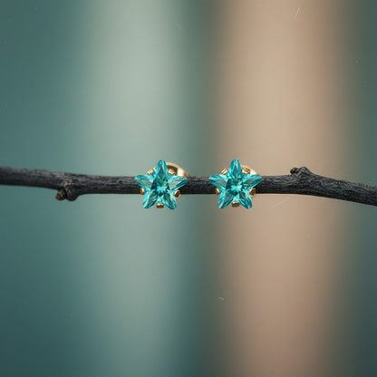 Stainless Steel Gold-Colored Star Earrings With Blue Zirconia