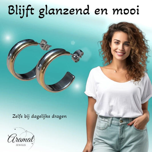 RVS Half - Hoop Oorbellen Bicolor Goud Zilver 23mm - Dames - Aramat Jewels - Oorringen - cadeautip