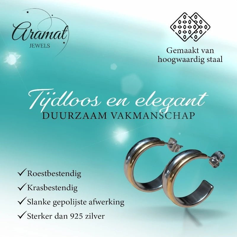 RVS Half - Hoop Oorbellen Bicolor Goud Zilver 23mm - Dames - Aramat Jewels - Oorringen - cadeautip