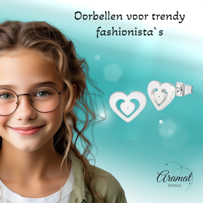 RVS Hart Oorstekers Zilver 11x9mm Opengewerkt - Aramat Jewels - Oorbellen - cadeautip