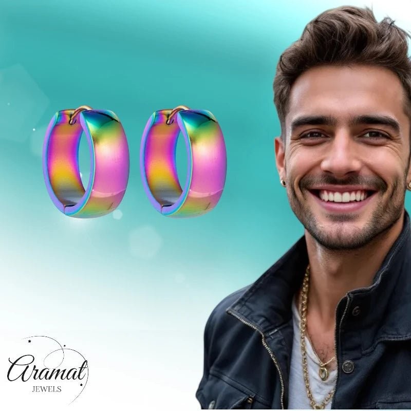 RVS Huggie Oorringen Glad Regenboogkleur 20mm - Unisex - Aramat Jewels - Oorringen - cadeautip