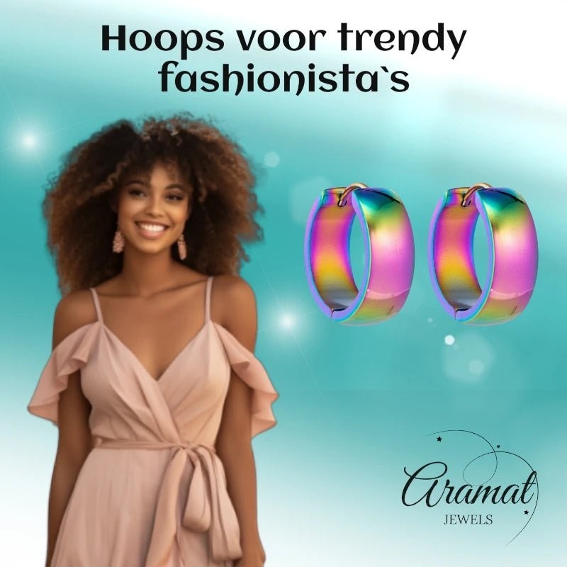 RVS Huggie Oorringen Glad Regenboogkleur 20mm - Unisex - Aramat Jewels - Oorringen - cadeautip