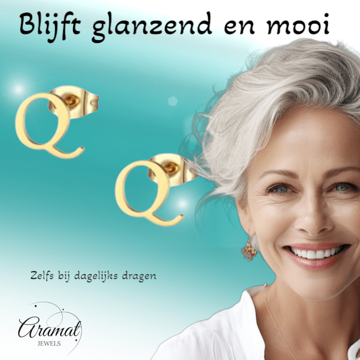 RVS letter Q oorstekers goudkleurig - Aramat Jewels - Oorbellen - cadeautip