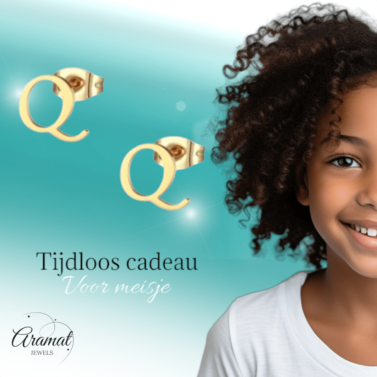 RVS letter Q oorstekers goudkleurig - Aramat Jewels - Oorbellen - cadeautip