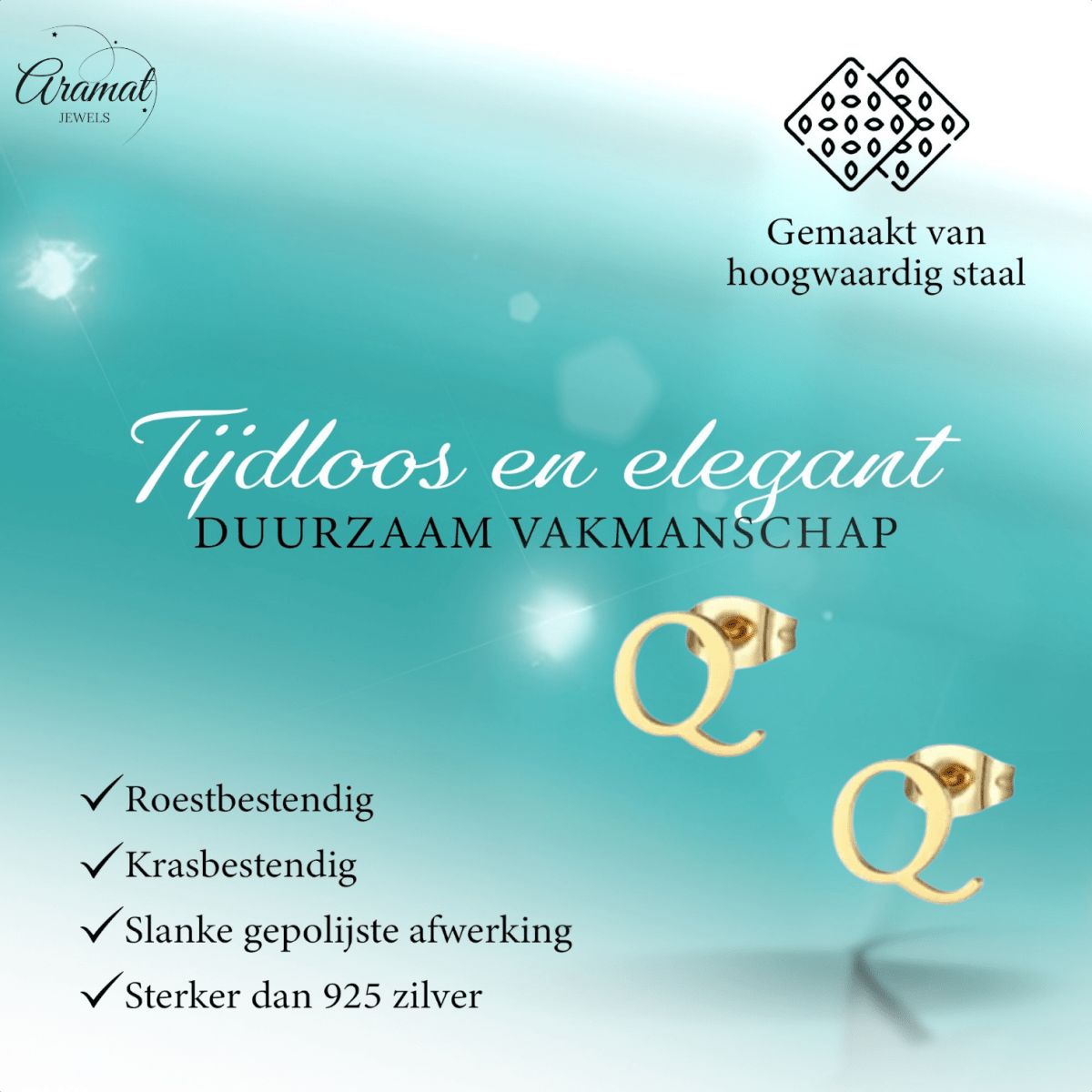 RVS letter Q oorstekers goudkleurig - Aramat Jewels - Oorbellen - cadeautip