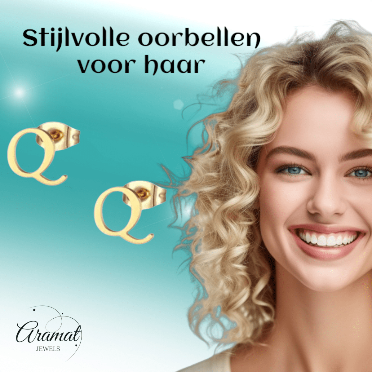 RVS letter Q oorstekers goudkleurig - Aramat Jewels - Oorbellen - cadeautip