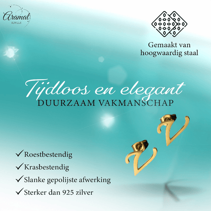 RVS Letter V Oorbellen Goudkleurig – Initiaal - Aramat Jewels - Oorbellen - cadeautip