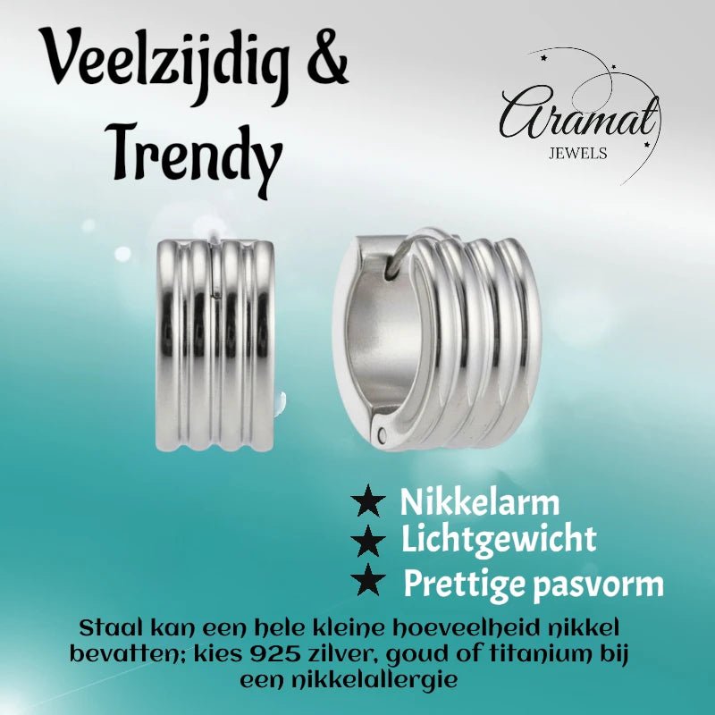 RVS Mini Huggie Creolen Streep Zilverkleur 13mm - Unisex Kind - Aramat Jewels - Oorringen - cadeautip