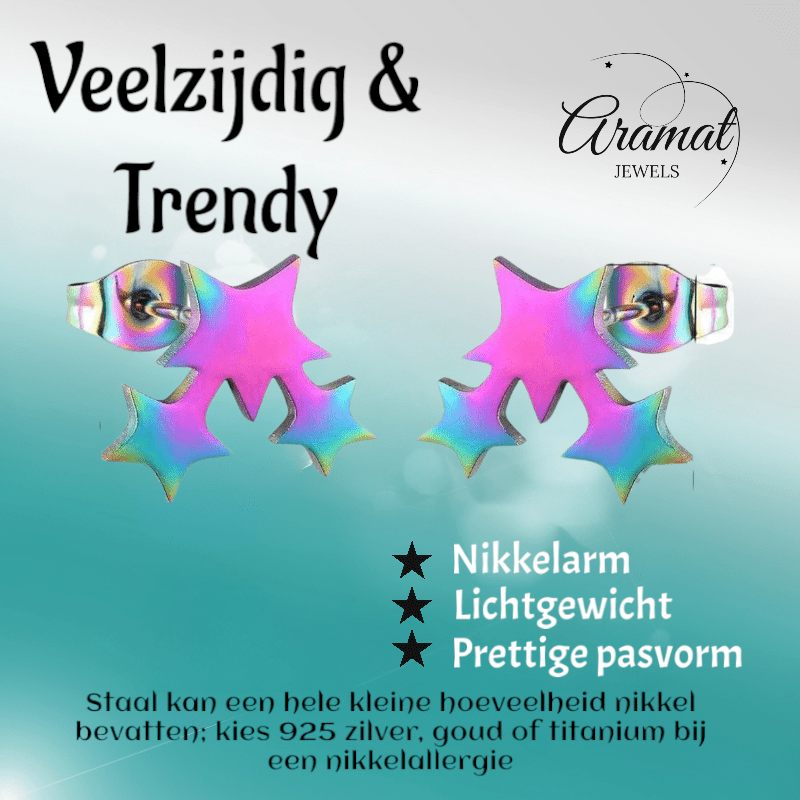 RVS Multicolor Sterren Oorbellen - Hip & Kleurrijk - oor1781 - Oorbellen kopen