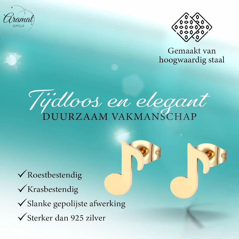 RVS Muzieknoot Oorbellen Goudkleur - oor1637 - fg - Oorbellen kopen# - 7mm - alles - cadeau