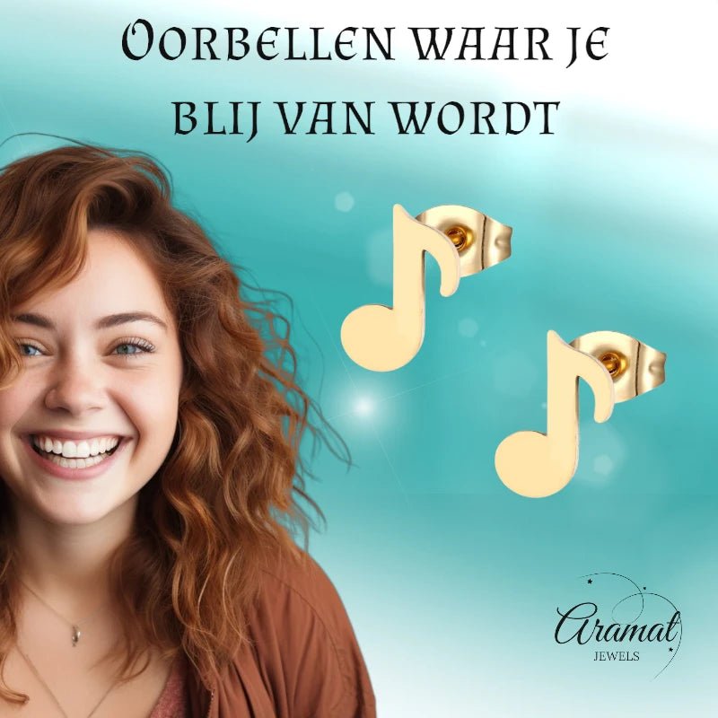 RVS Muzieknoot Oorbellen Goudkleur - oor1637 - fg - Oorbellen kopen# - 7mm - alles - cadeau