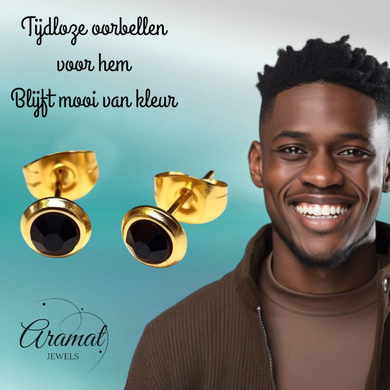 RVS Oorbellen Zwarte Kristal Goudkleur Rond 6mm - Elegante Oorstekers - Aramat Jewels - Oorbellen - cadeautip