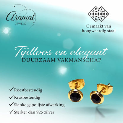 RVS Oorbellen Zwarte Kristal Goudkleur Rond 6mm - Elegante Oorstekers - Aramat Jewels - Oorbellen - cadeautip