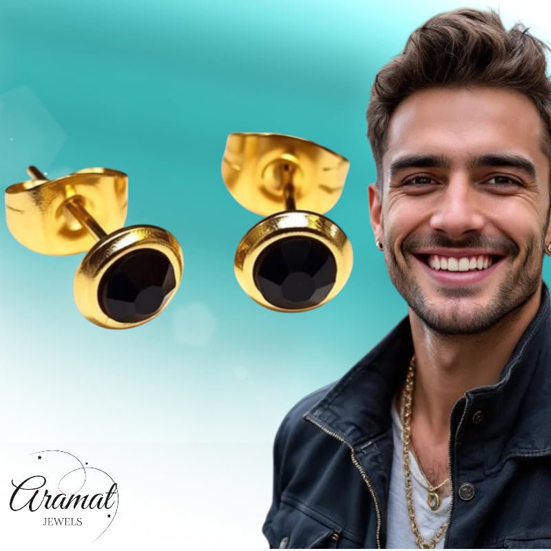 RVS Oorbellen Zwarte Kristal Goudkleur Rond 6mm - Elegante Oorstekers - Aramat Jewels - Oorbellen - cadeautip