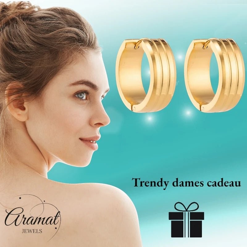 Rvs Oorringen met Dubbele Strepen goudkleur - Aramat Jewels - Oorringen - cadeautip