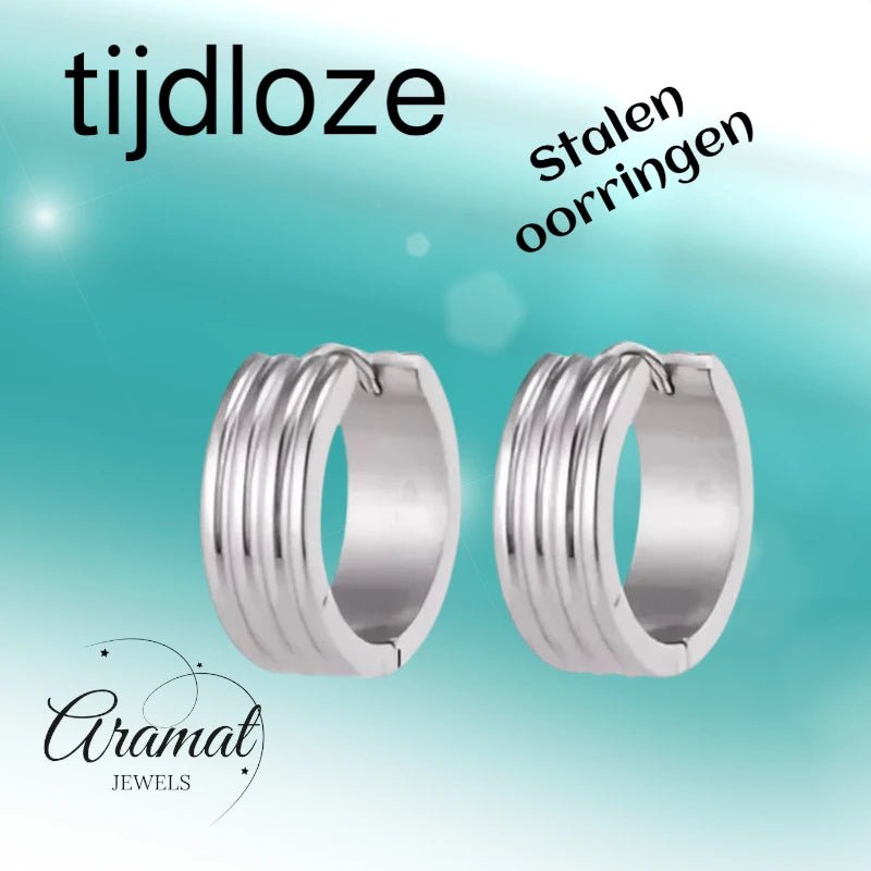 RVS Oorringen Zilverkleur Drie Strepen (13 & 20mm) – Uniseks - Aramat Jewels - Oorringen - cadeautip