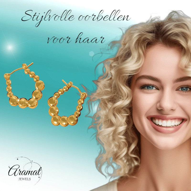 RVS Rechthoekige Oorringen met Bolletjesmotief 21x24mm - oor6362 - 792420 - Oorringen kopen# - 21mm - alles - bolletjes