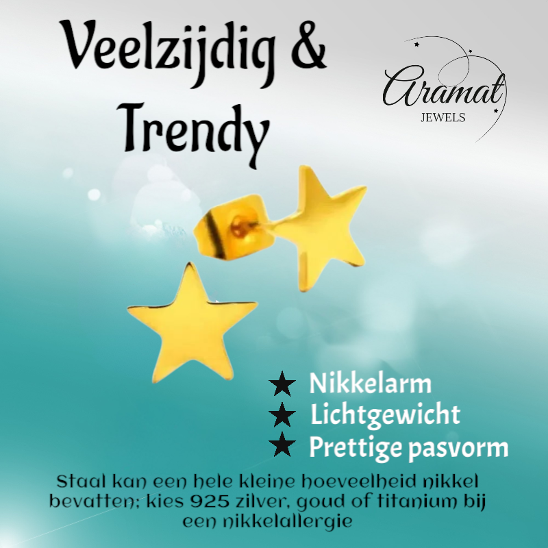 Boucles d'oreilles puces en forme d'étoile, acier doré – 7 mm, style classique